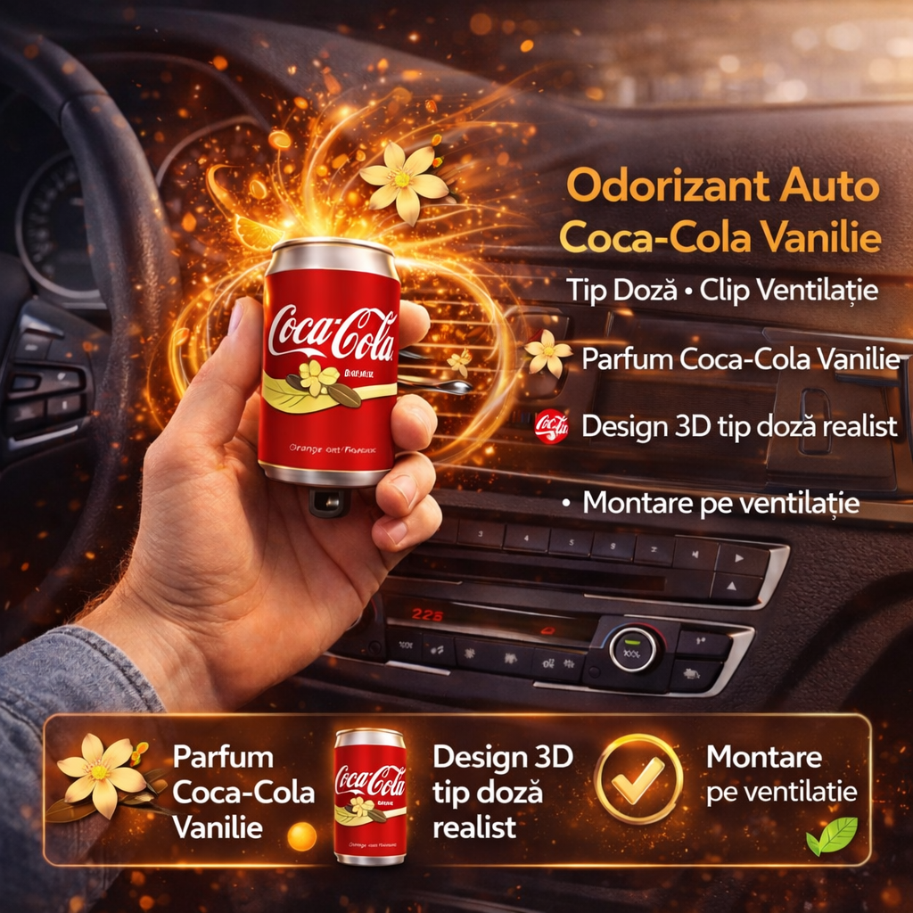 Odorizant Auto 3D Coca Cola Vanilie, Tip Doza, Clip Ventilatie, Parfum Intens și Persistent, Design Realist, Vegan Friendly Odorizant Auto 3D Coca Cola Vanilie, Tip Doza, Clip Ventilatie, Parfum Intens și Persistent, Design Realist, Vegan Friendly